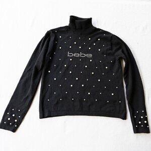 Vintage Y2K Bebe Black Pearl Embellished Logo Turtleneck Sweater